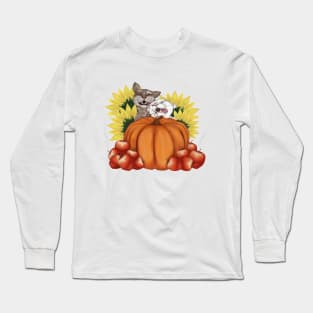 Harvest Festival.Cats with Pumpkin, Sunflowers, Apples Long Sleeve T-Shirt